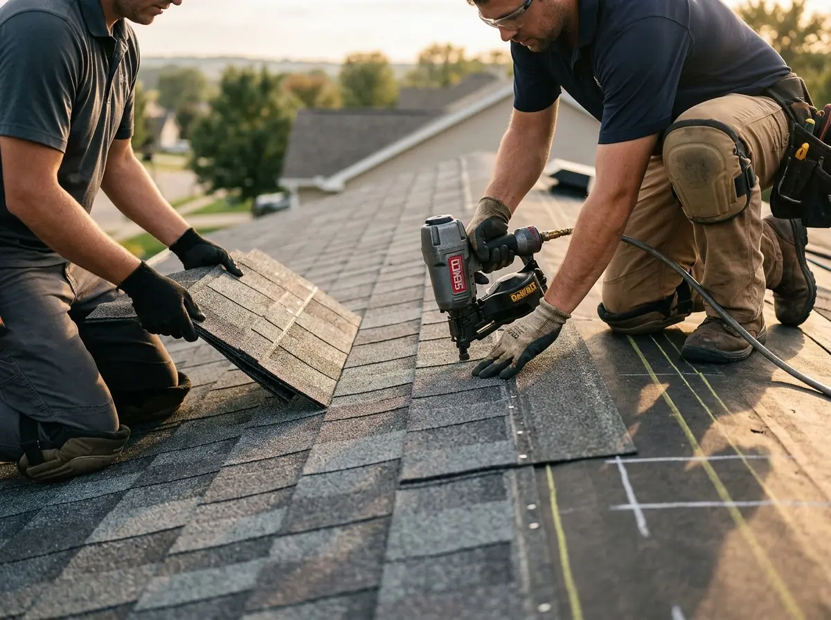 Professional roofer working on a residential roof in Hoosick
